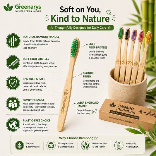 Greenarys Bamboo Toothbrush | Soft Multi-Color Fiber Bristles | Eco-Friendly & BPA-Free | Sustainable Oral Care