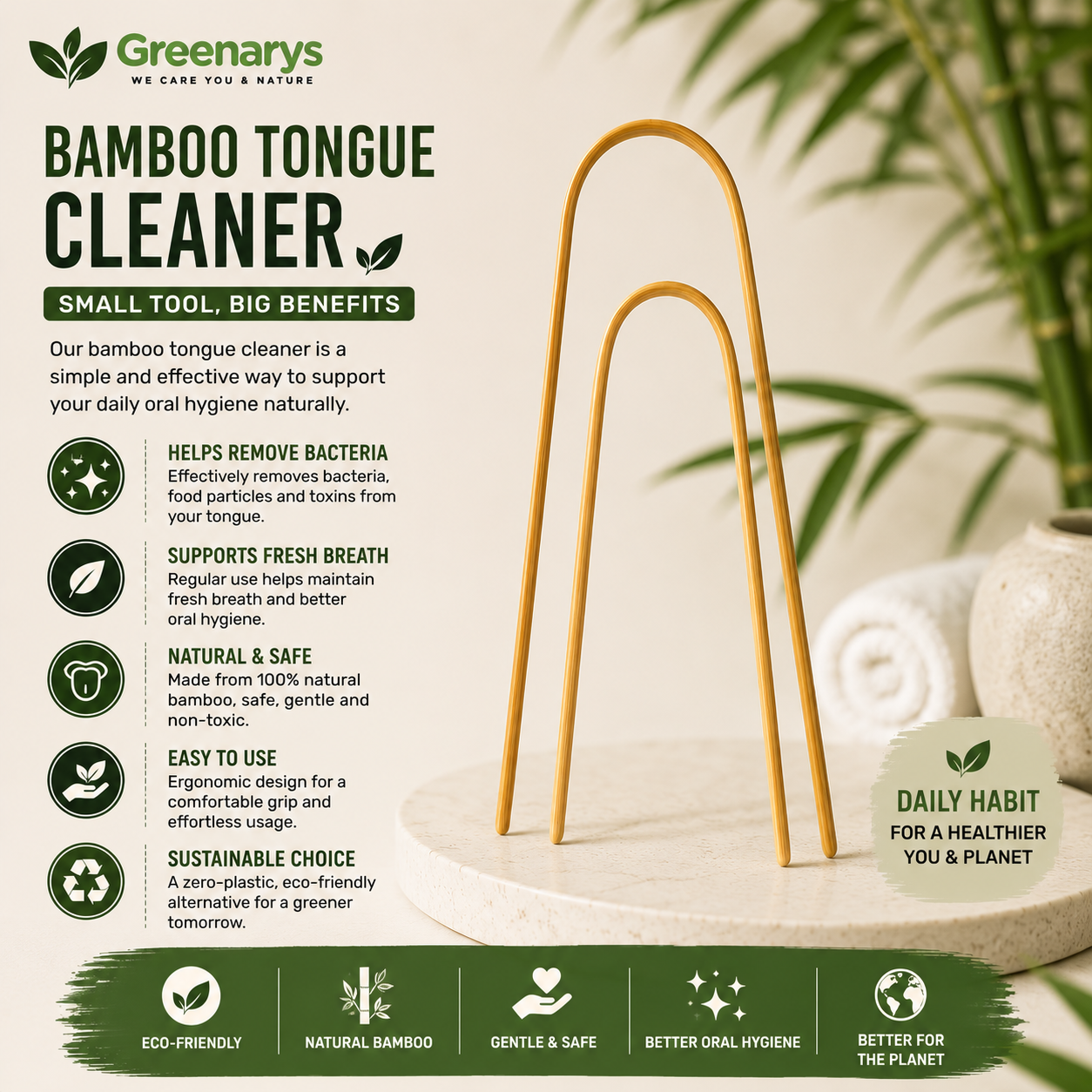 Greenarys Bamboo Fiber Color Bristle Toothbrush & Bamboo Tongue Cleaner Combo | Eco-Friendly Oral Care Kit | Sustainable & Plastic-Free Alternative