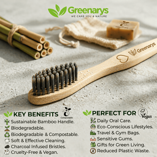 Greenarys Bamboo Charcoal Toothbrush for Adults | Eco-Friendly Soft Bristles brush | Sustainable & Plastic-Free Oral Care - Greenarys