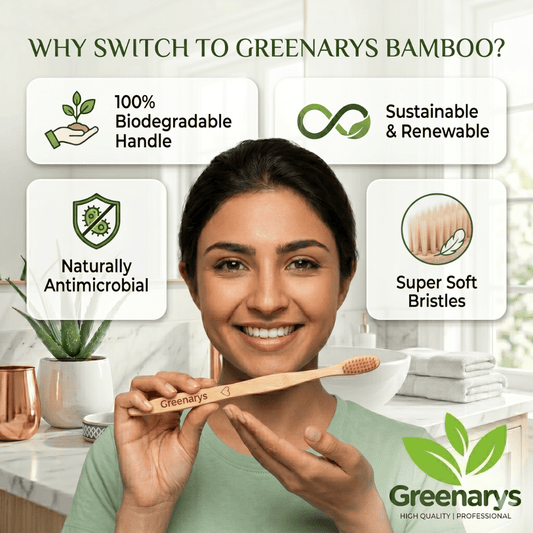 Greenarys Bamboo Toothbrush for Adults | Fiber Color Flat Handle Soft Bristles Brush | Eco-Friendly & BPA-Free Oral Care Greenarys