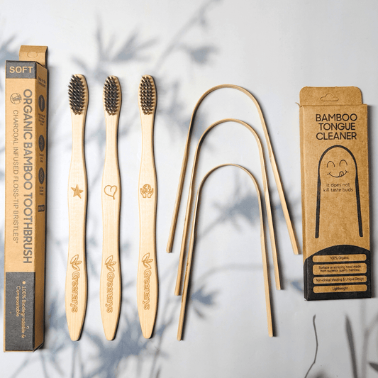 Greenarys Bamboo Toothbrush with Charcoal Bristles & Bamboo Tongue Cleaner Combo | Eco-Friendly Oral Care Kit - Greenarys
