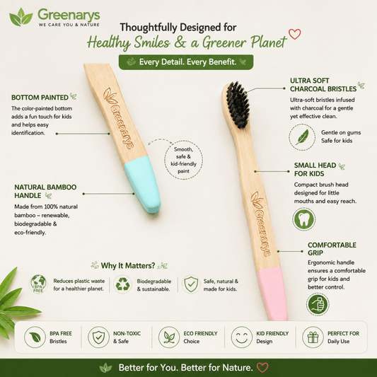 Greenarys Kids Bamboo Toothbrush | Ultra Soft Charcoal Bristles Bottom Painted | Eco-Friendly & BPA-Free | Brush for Children - Greenarys