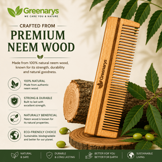 Greenarys Lily Comb | Oil Treated Neem Wood Dual Tooth Hair Comb | Wide & Fine Teeth Wooden Comb for Daily Hair Care - Greenarys