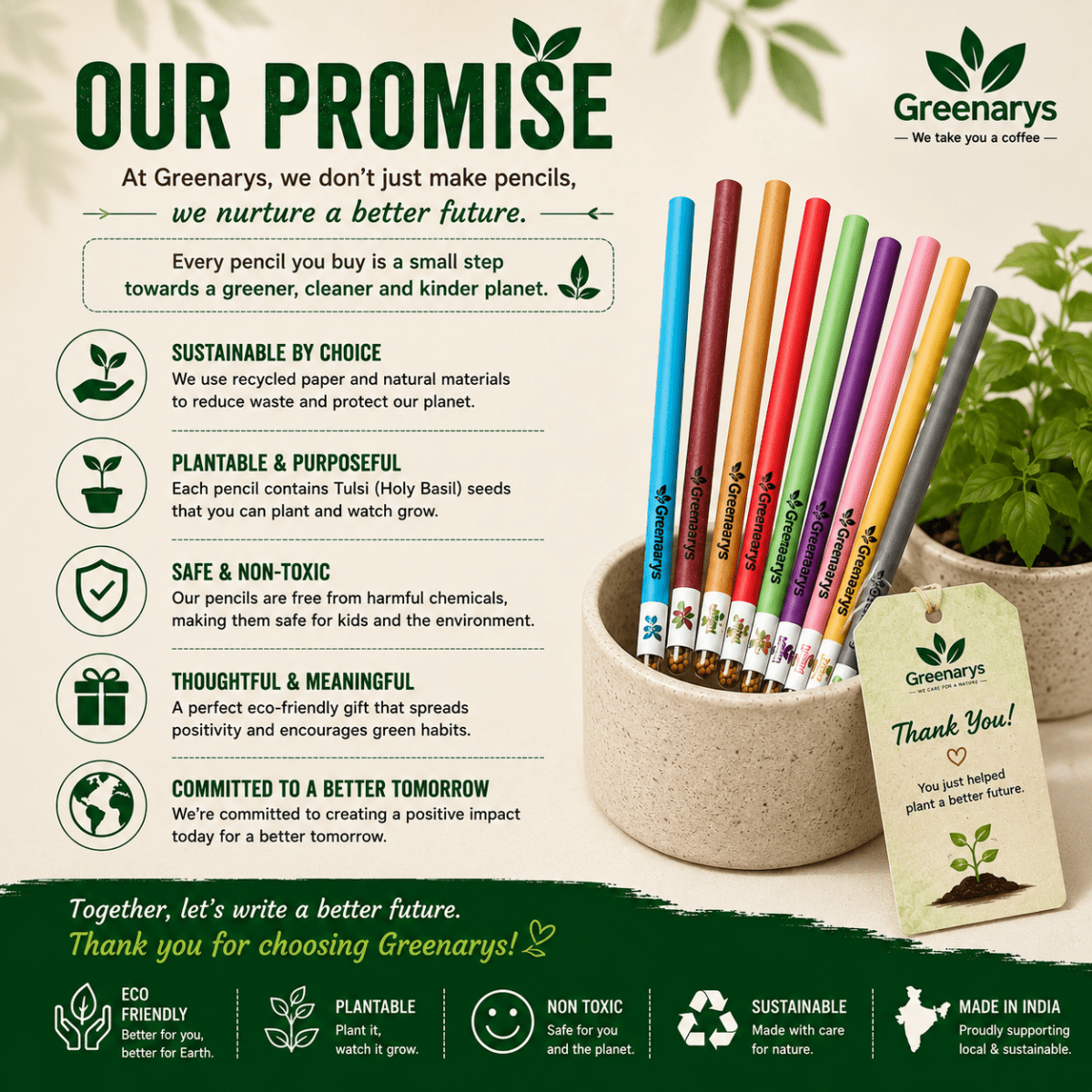 Greenarys Multicolor Paper Seed Pencil | Recycled Paper Plantable Pencil - Greenarys