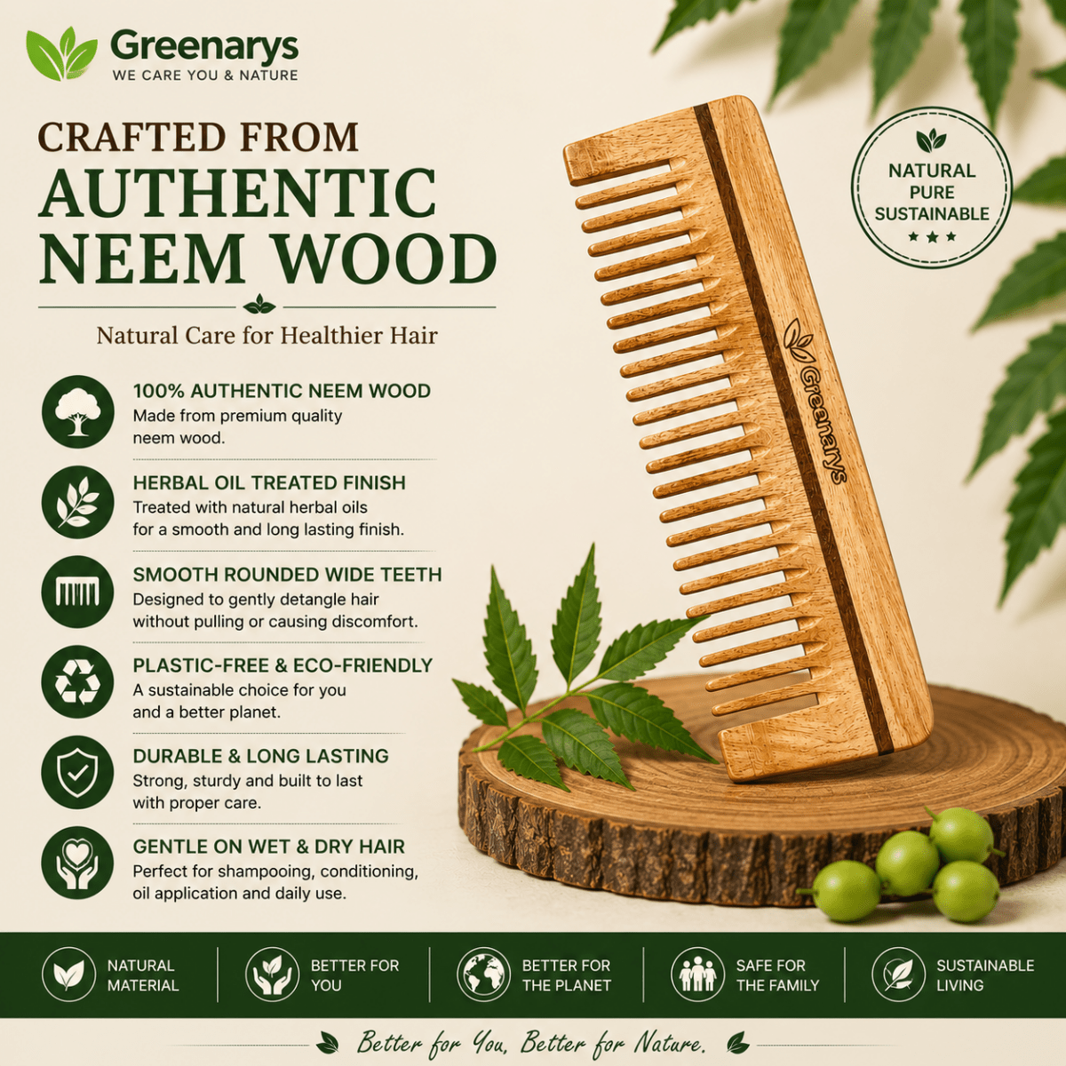 Greenarys Neem Wood Shampoo Comb | Oil Treated Wooden Wide Tooth Comb | Eco-Friendly Hair Care - Greenarys