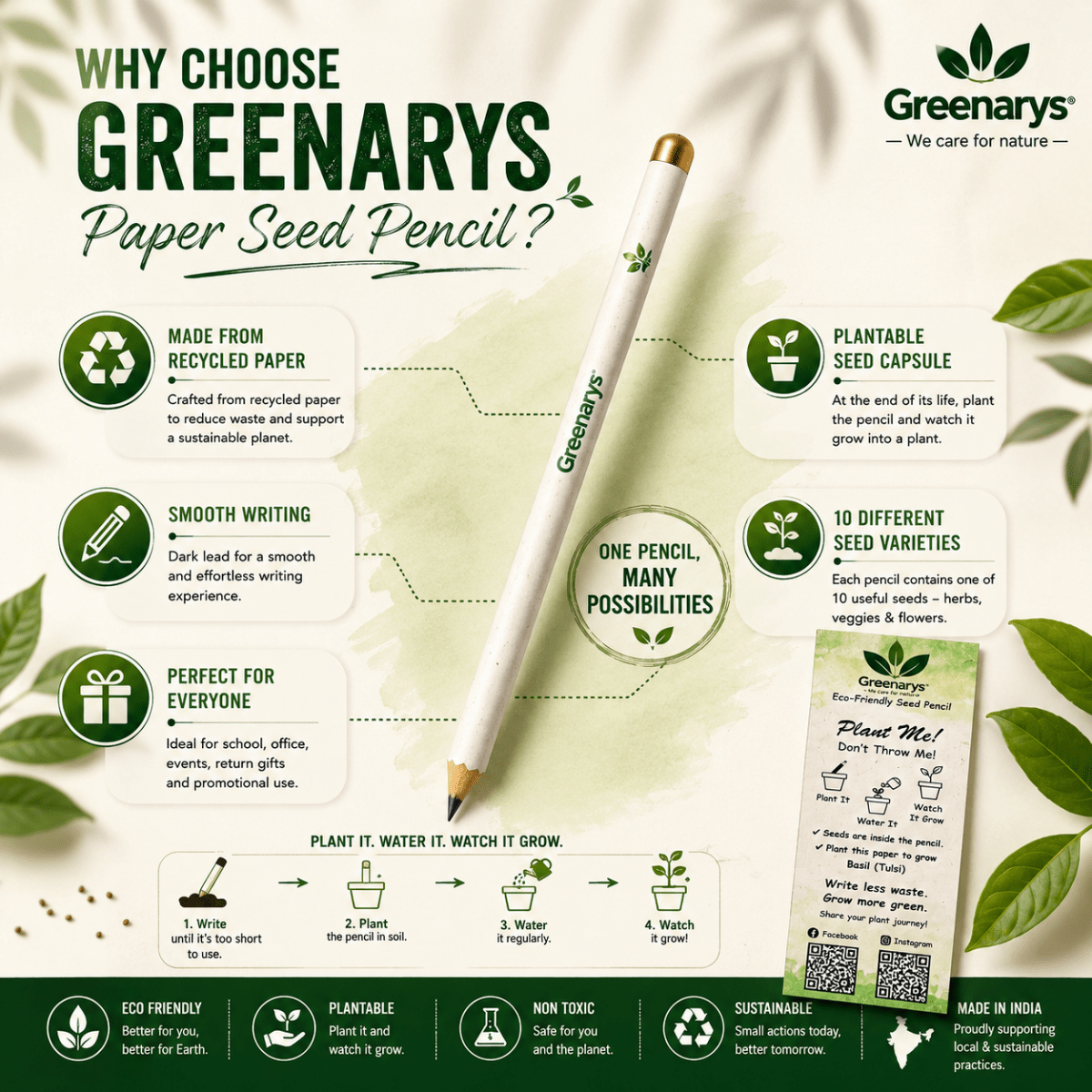 Greenarys White color Paper Seed Pencil | Recycled Paper Plantable Seed Pencil - Greenarys