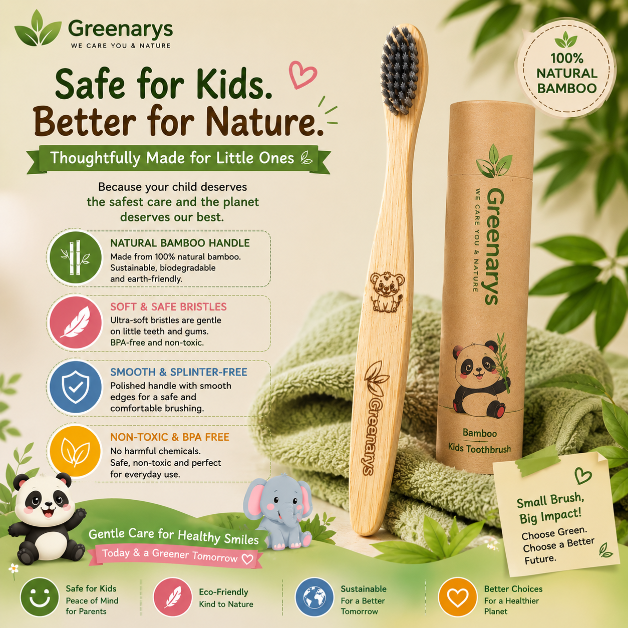 Greenarys Kids Bamboo Toothbrush | Soft Charcoal Bristles | Eco-Friendly & BPA-Free Toothbrush for Children | Cute Animal Design