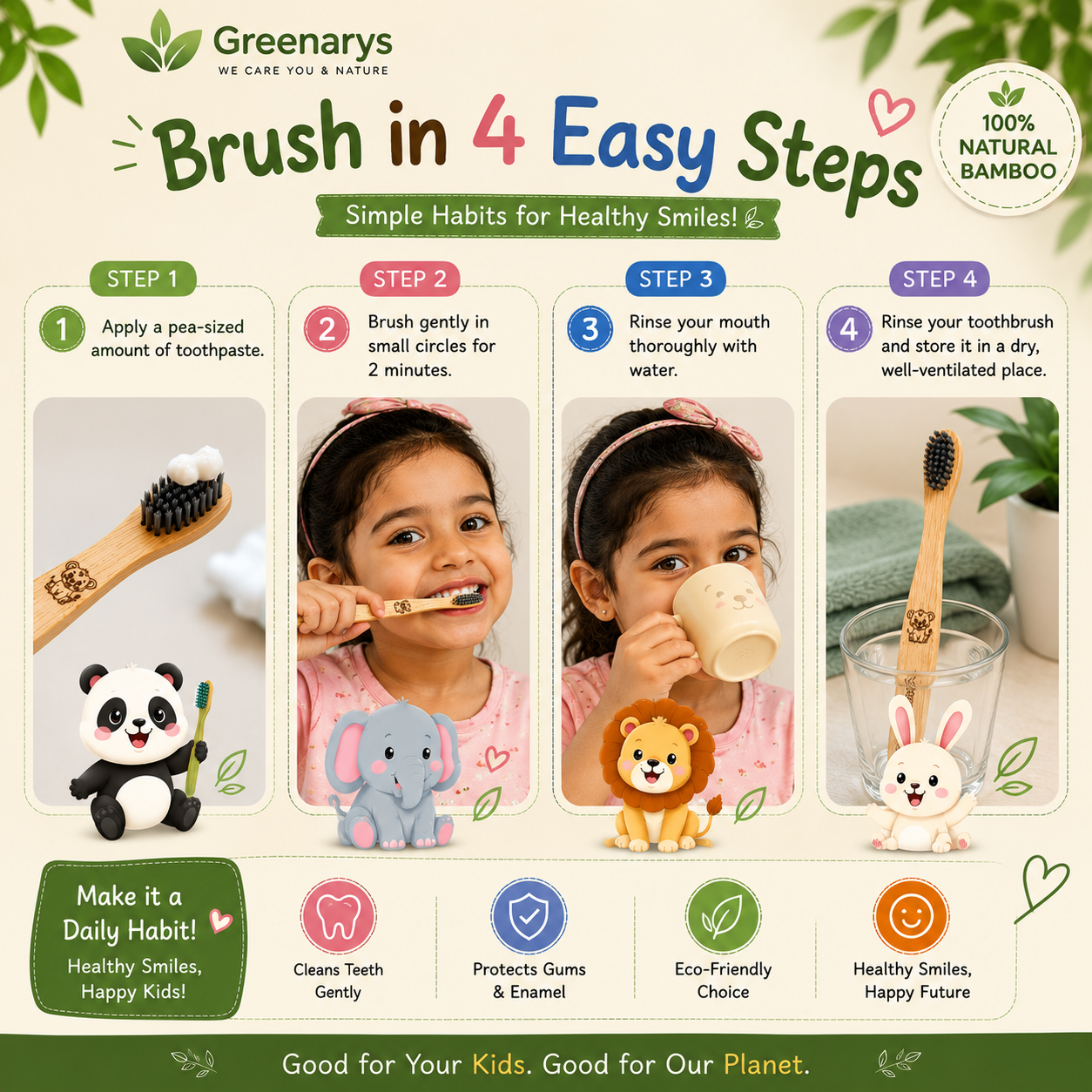 Greenarys Kids Bamboo Toothbrush | Soft Charcoal Bristles | Eco-Friendly & BPA-Free Toothbrush for Children | Cute Animal Design