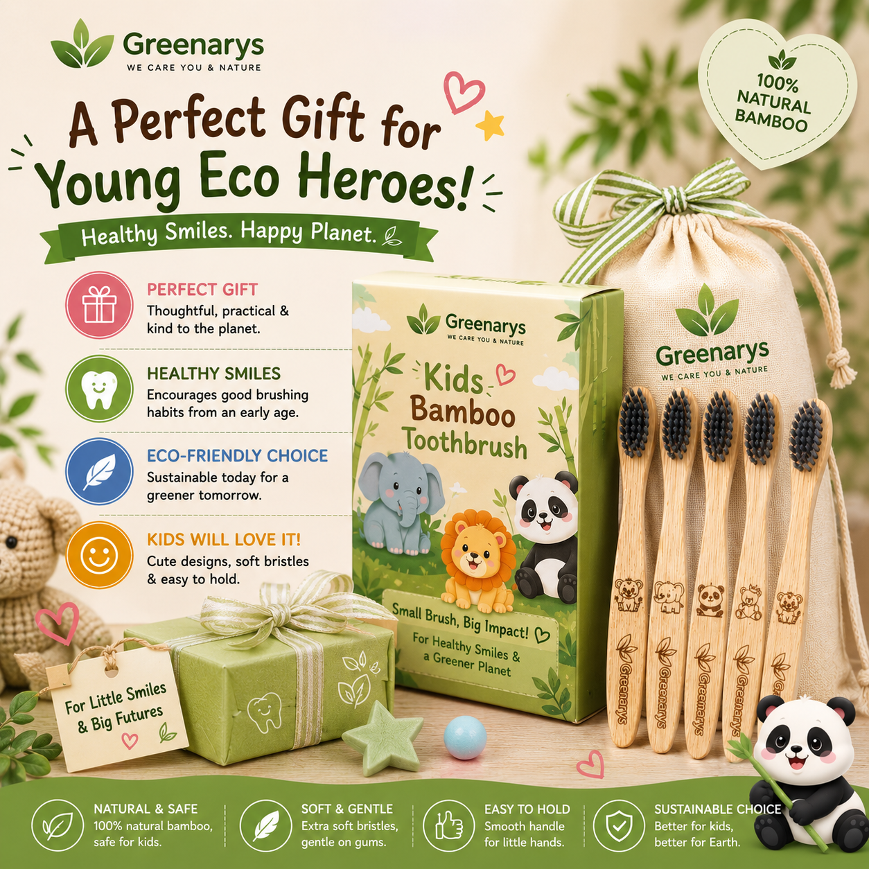 Greenarys Kids Bamboo Toothbrush | Soft Charcoal Bristles | Eco-Friendly & BPA-Free Toothbrush for Children | Cute Animal Design