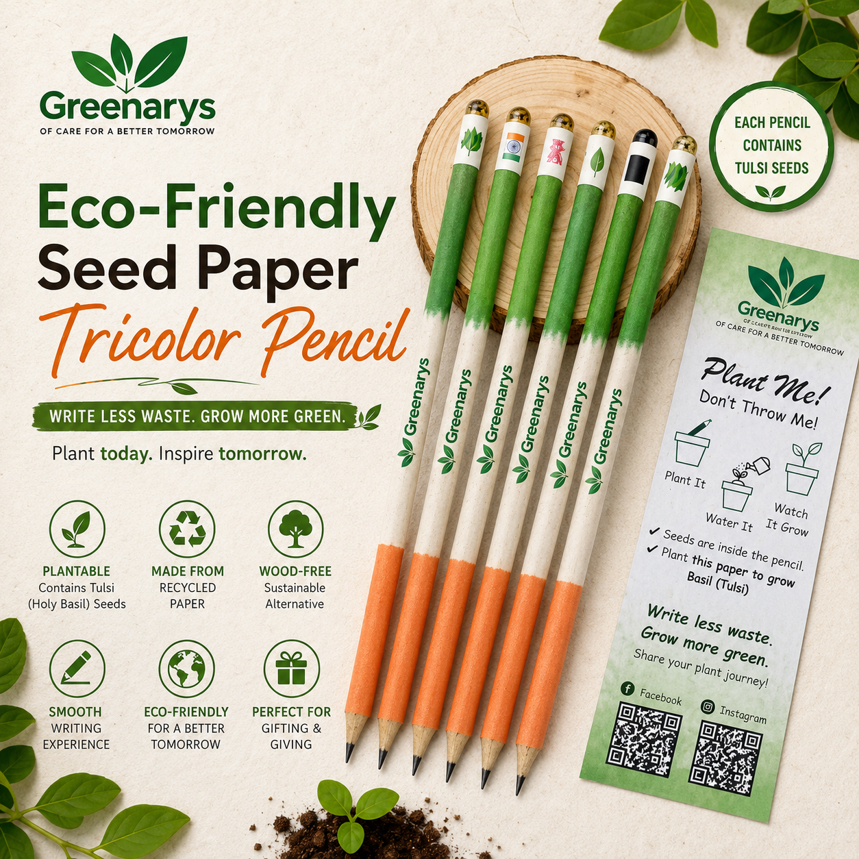 Greenarys Tri-Color Paper Seed Pencil | Recycled Paper Plantable Pencil Set Tiranga Color
