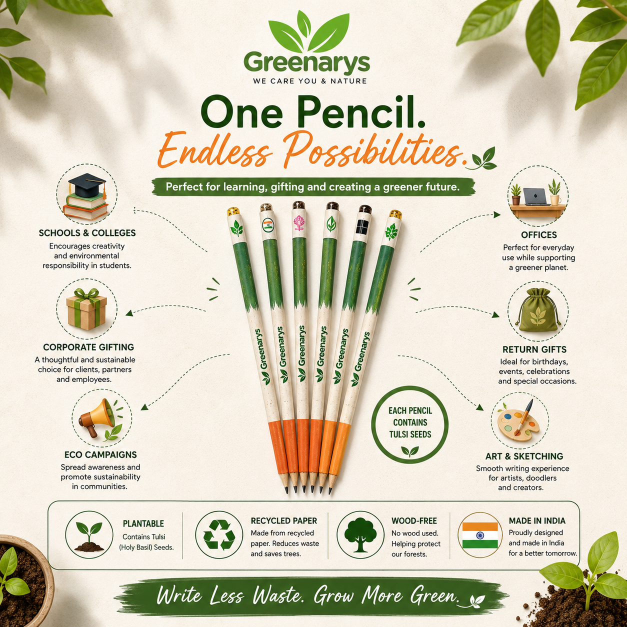 Greenarys Tri-Color Paper Seed Pencil | Recycled Paper Plantable Pencil Set Tiranga Color