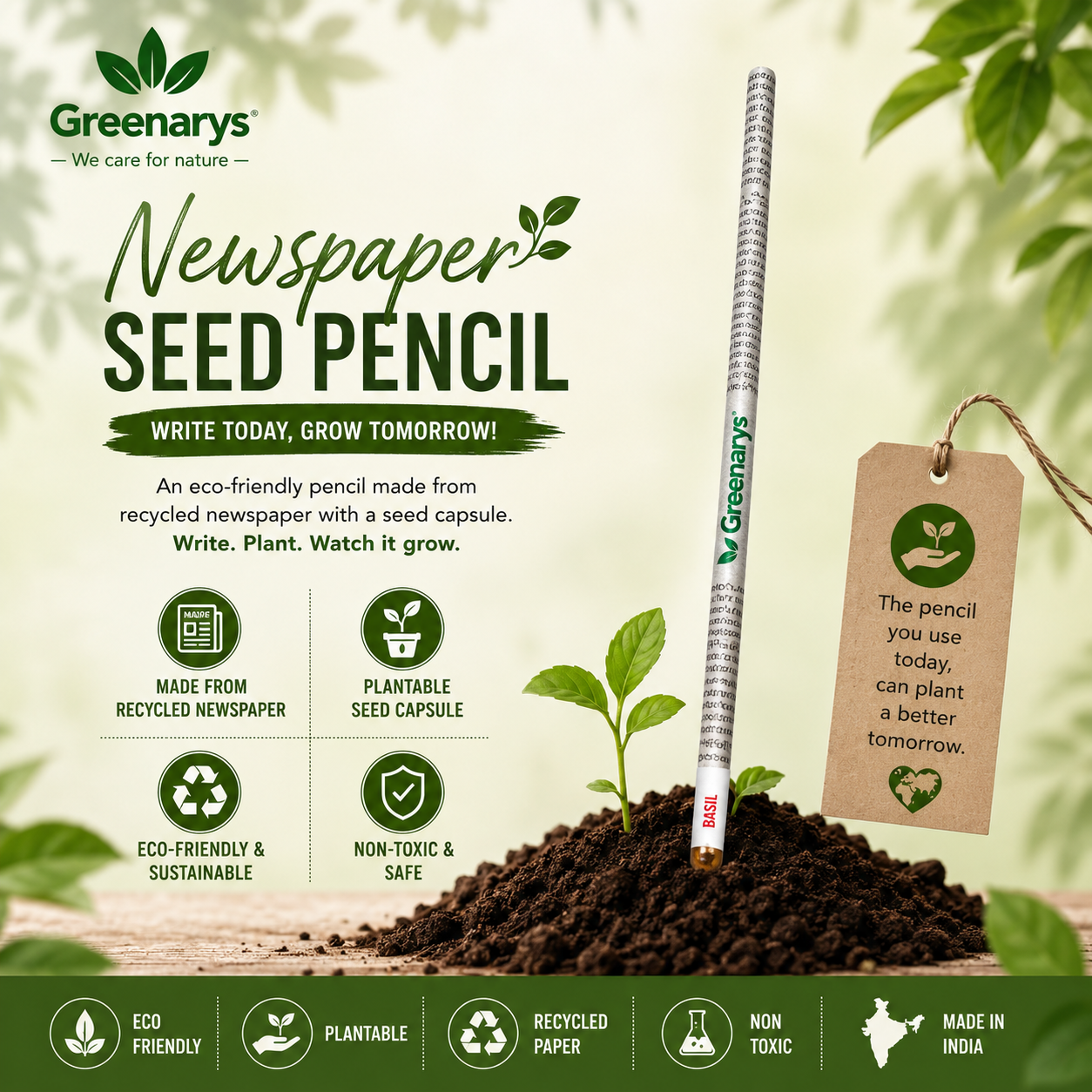 Greenarys Newspaper Seed Pencil | Recycled Newspaper Plantable Pencil
