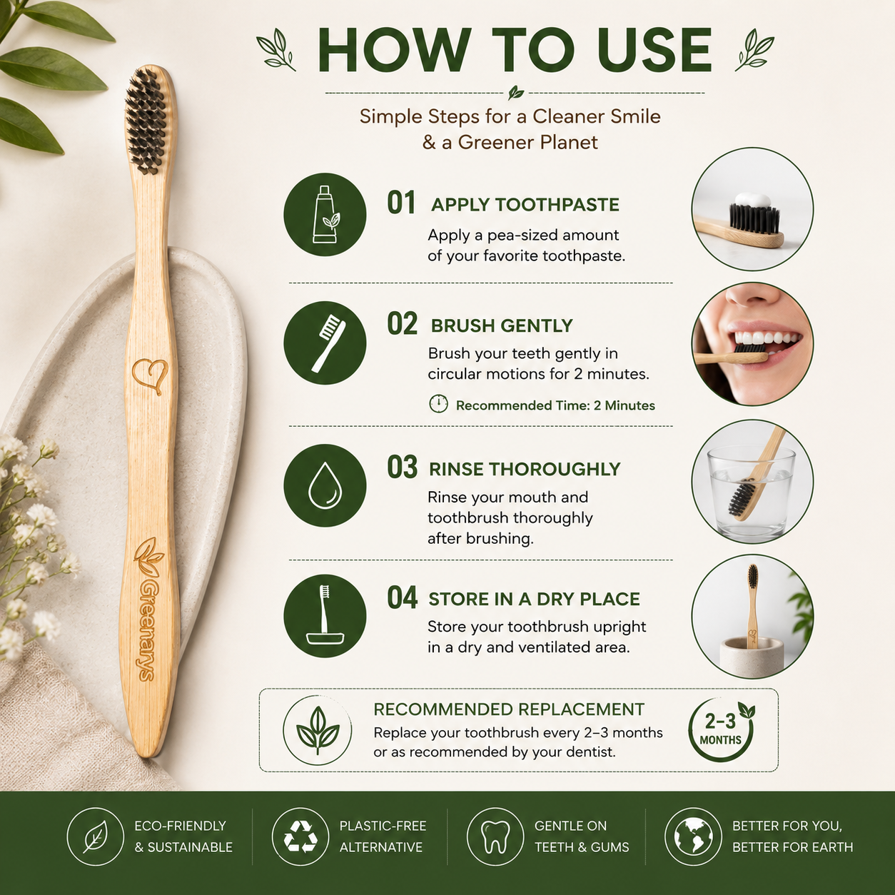 Greenarys Bamboo Charcoal Toothbrush for Adults | Eco-Friendly Soft Bristles brush | Sustainable & Plastic-Free Oral Care
