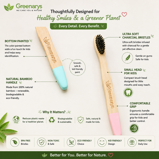 Greenarys Kids Bamboo Toothbrush | Ultra Soft Charcoal Bristles Bottom Painted | Eco-Friendly & BPA-Free | Brush for Children