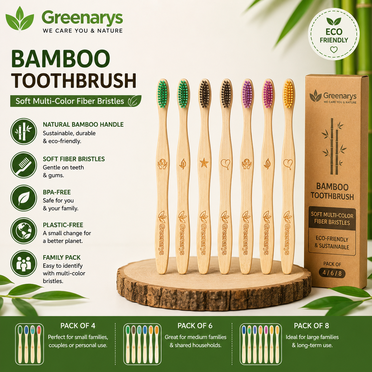 Greenarys Bamboo Toothbrush | Soft Multi-Color Fiber Bristles | Eco-Friendly & BPA-Free | Sustainable Oral Care
