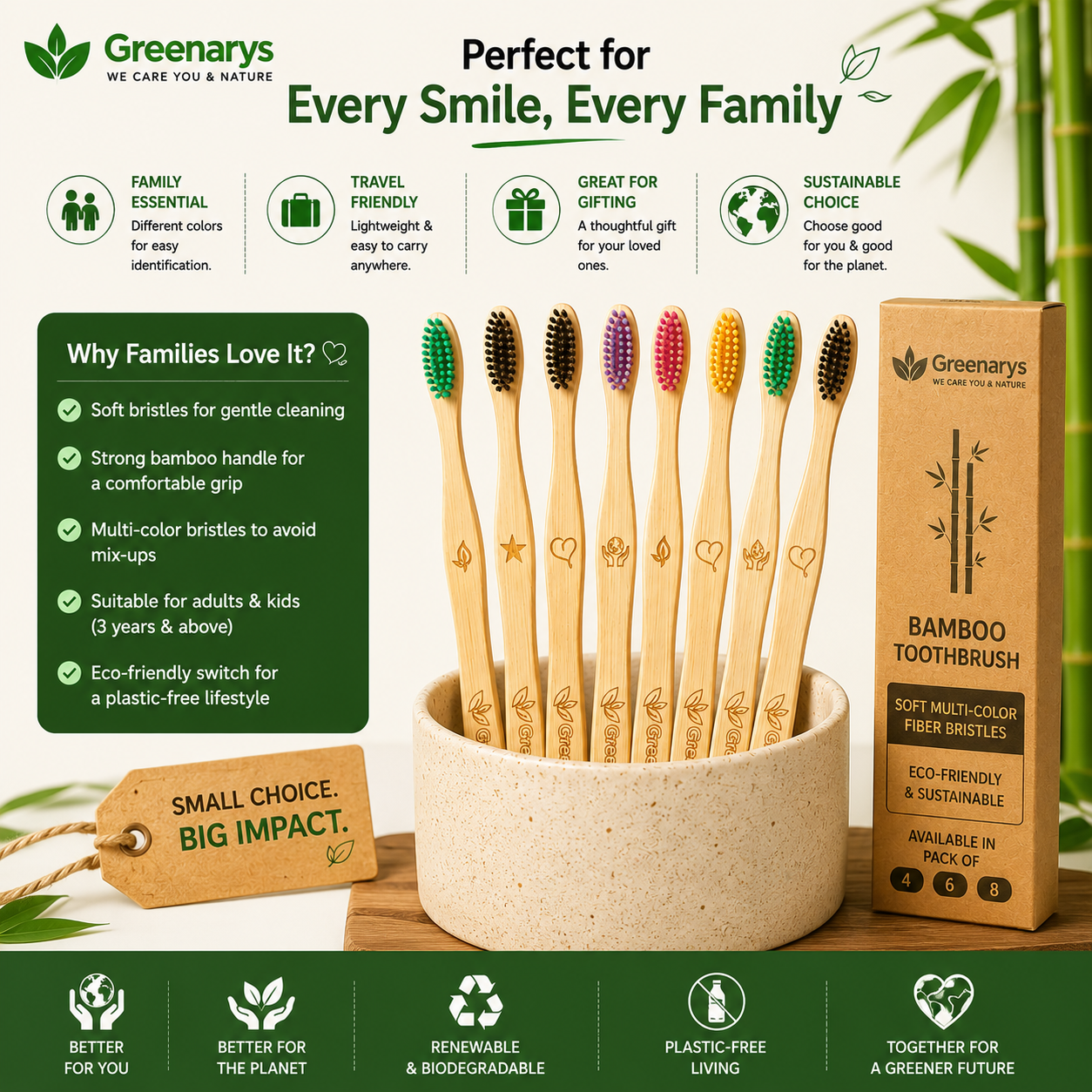 Greenarys Bamboo Toothbrush | Soft Multi-Color Fiber Bristles | Eco-Friendly & BPA-Free | Sustainable Oral Care