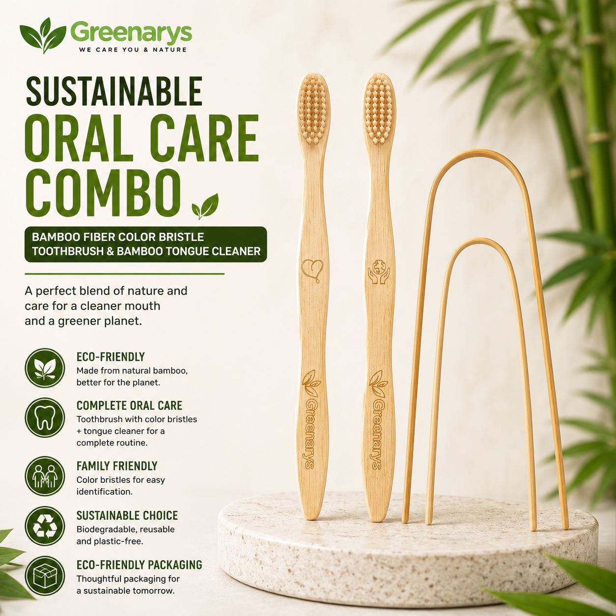 Greenarys Bamboo Fiber Color Bristle Toothbrush & Bamboo Tongue Cleaner Combo | Eco-Friendly Oral Care Kit | Sustainable & Plastic-Free Alternative