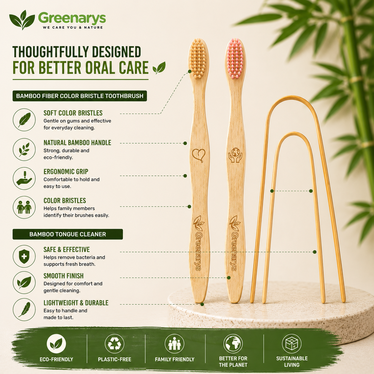 Greenarys Bamboo Fiber Color Bristle Toothbrush & Bamboo Tongue Cleaner Combo | Eco-Friendly Oral Care Kit | Sustainable & Plastic-Free Alternative