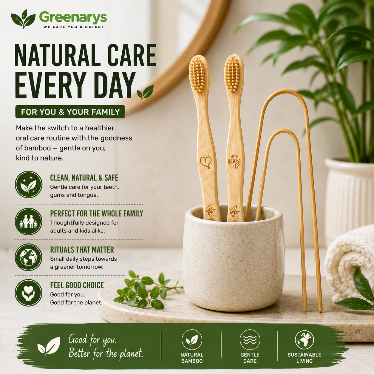 Greenarys Bamboo Fiber Color Bristle Toothbrush & Bamboo Tongue Cleaner Combo | Eco-Friendly Oral Care Kit | Sustainable & Plastic-Free Alternative