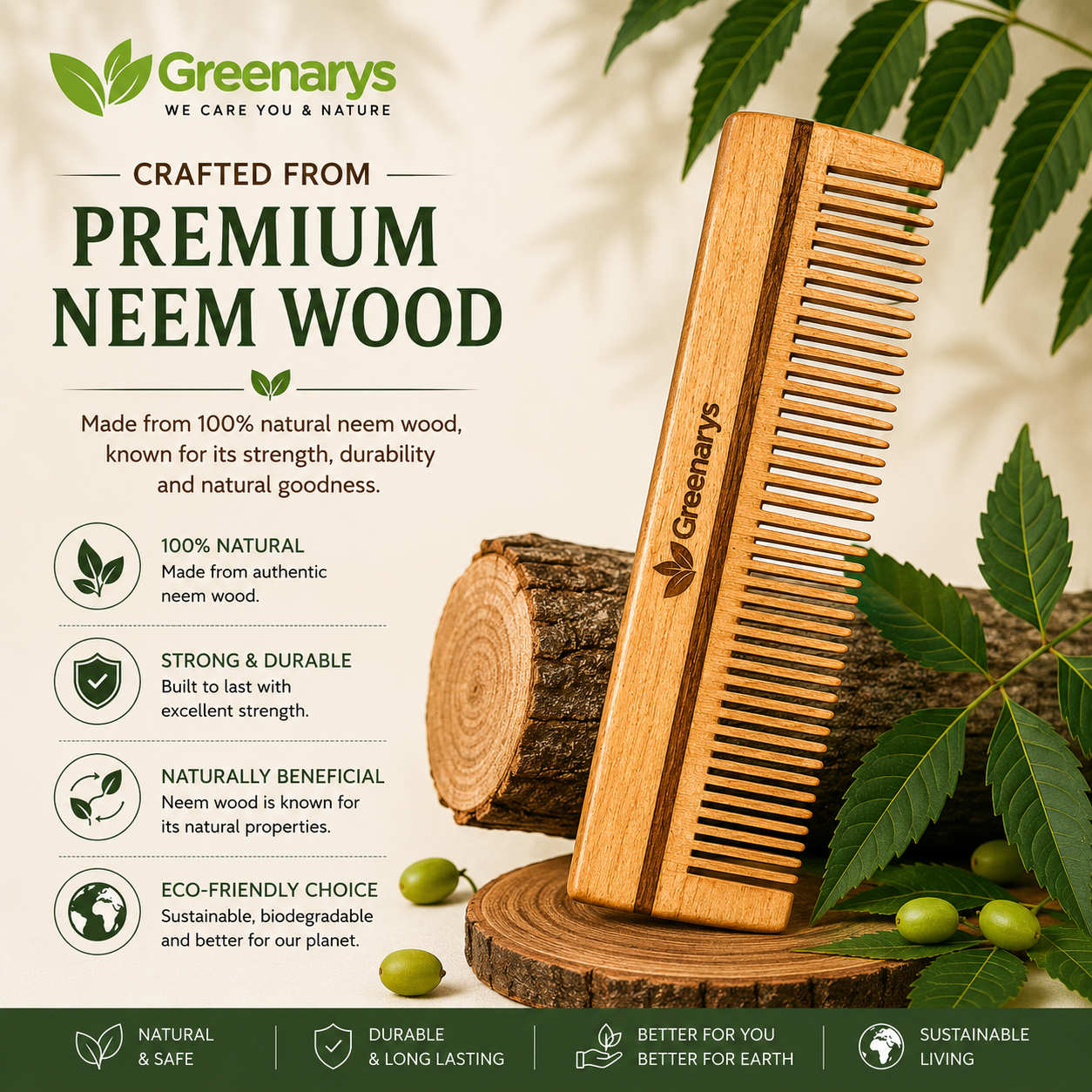 Greenarys Lily Comb | Oil Treated Neem Wood Dual Tooth Hair Comb | Wide & Fine Teeth Wooden Comb for Daily Hair Care