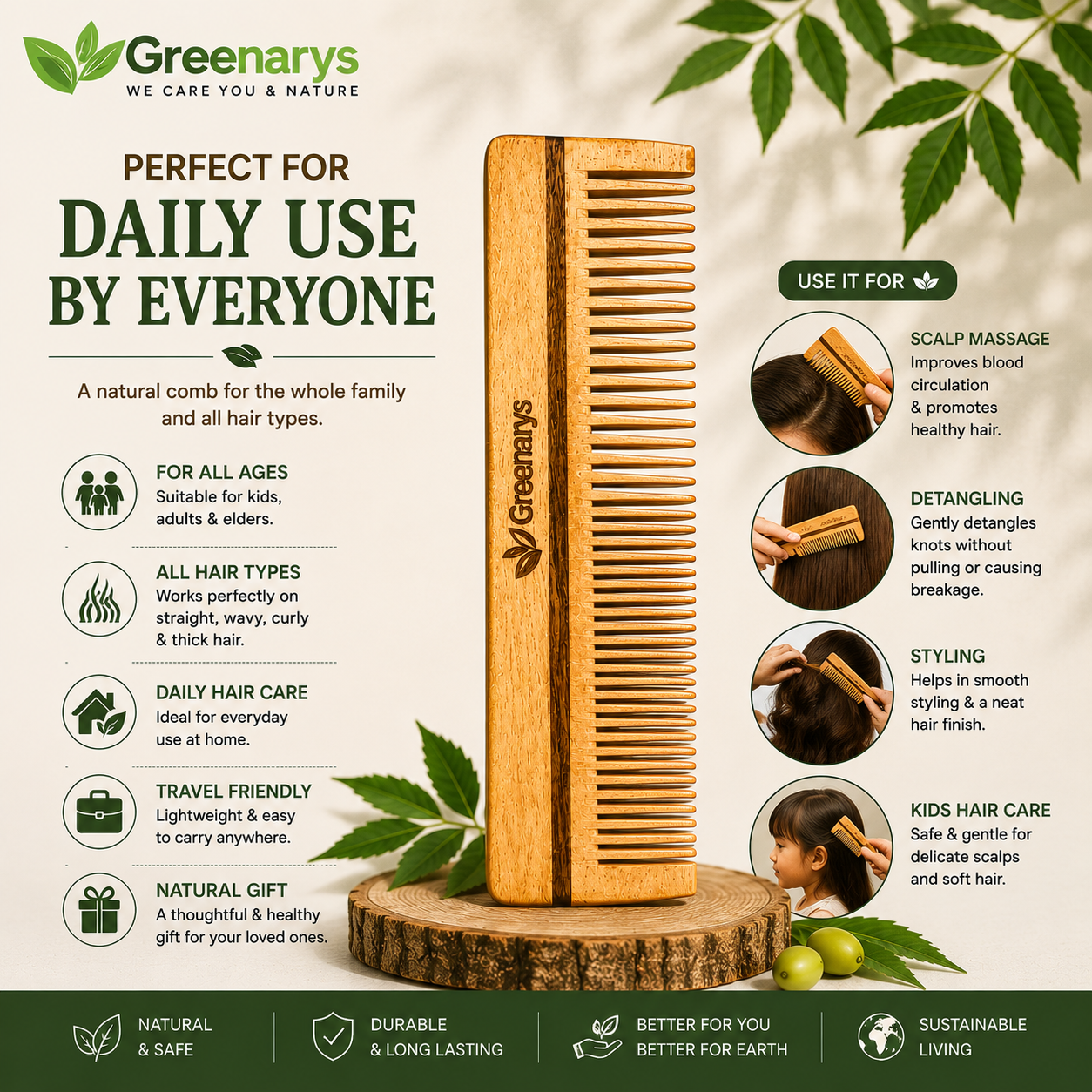 Greenarys Lily Comb | Oil Treated Neem Wood Dual Tooth Hair Comb | Wide & Fine Teeth Wooden Comb for Daily Hair Care