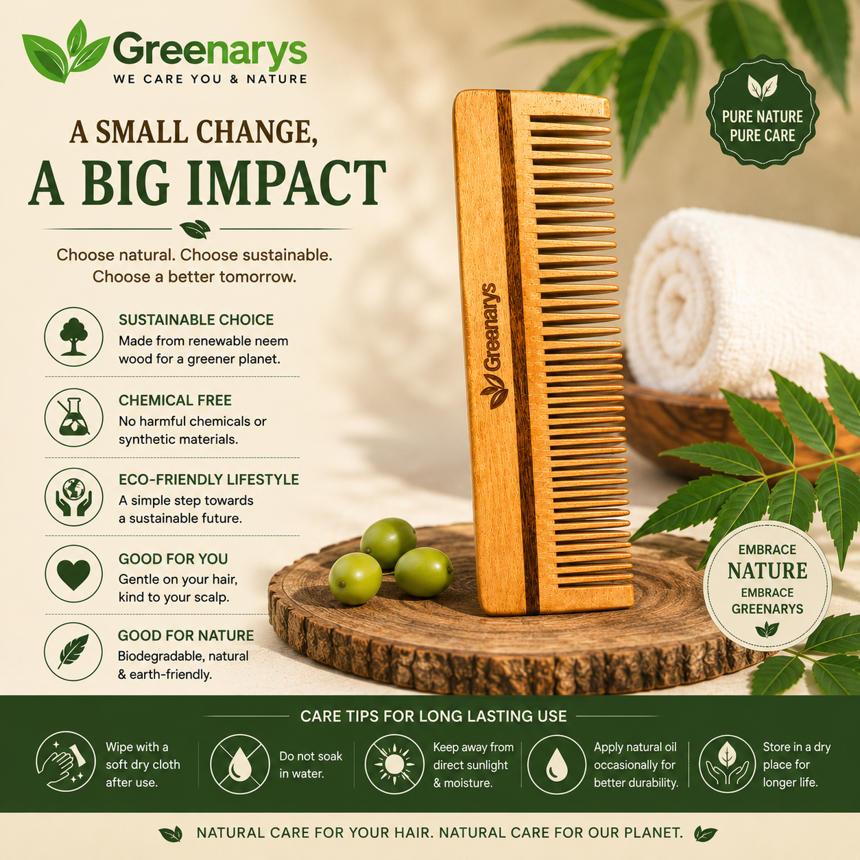 Greenarys Lily Comb | Oil Treated Neem Wood Dual Tooth Hair Comb | Wide & Fine Teeth Wooden Comb for Daily Hair Care