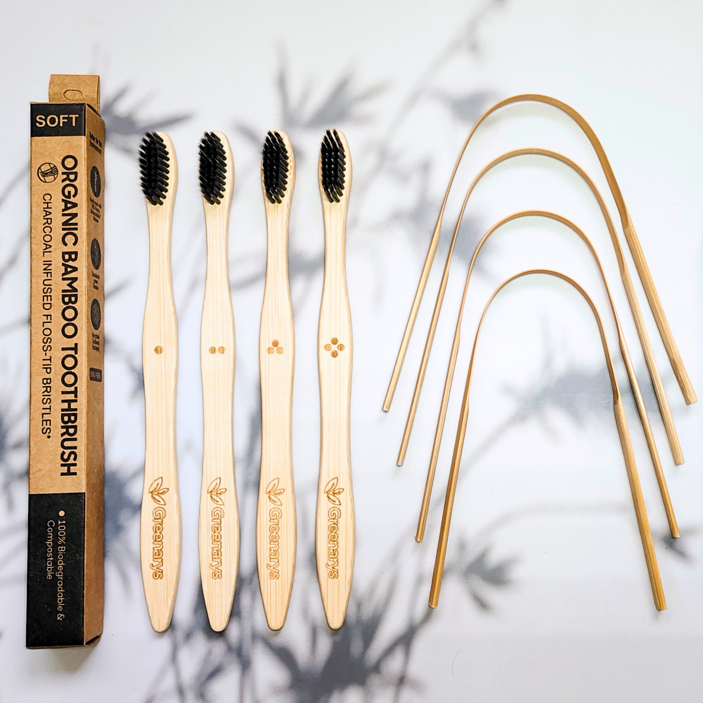 Greenarys Bamboo Toothbrush with Charcoal Bristles & Bamboo Tongue Cleaner Combo | Eco-Friendly Oral Care Kit