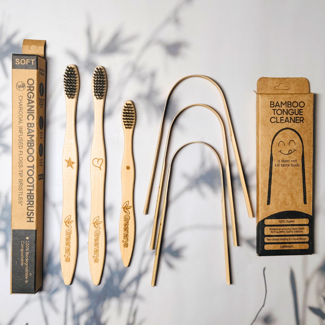 Greenarys Family Oral Care Starter Kit | Adult Bamboo Toothbrush, Kids Bamboo Toothbrush, Bamboo Tongue Cleaner, Eco-Friendly Packaging