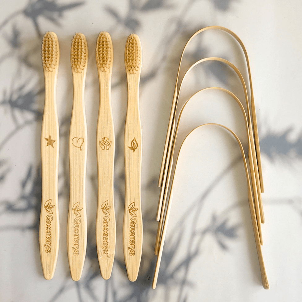 Greenarys Bamboo Fiber Color Bristle Toothbrush & Bamboo Tongue Cleaner Combo | Eco-Friendly Oral Care Kit | Sustainable & Plastic-Free Alternative - Greenarys