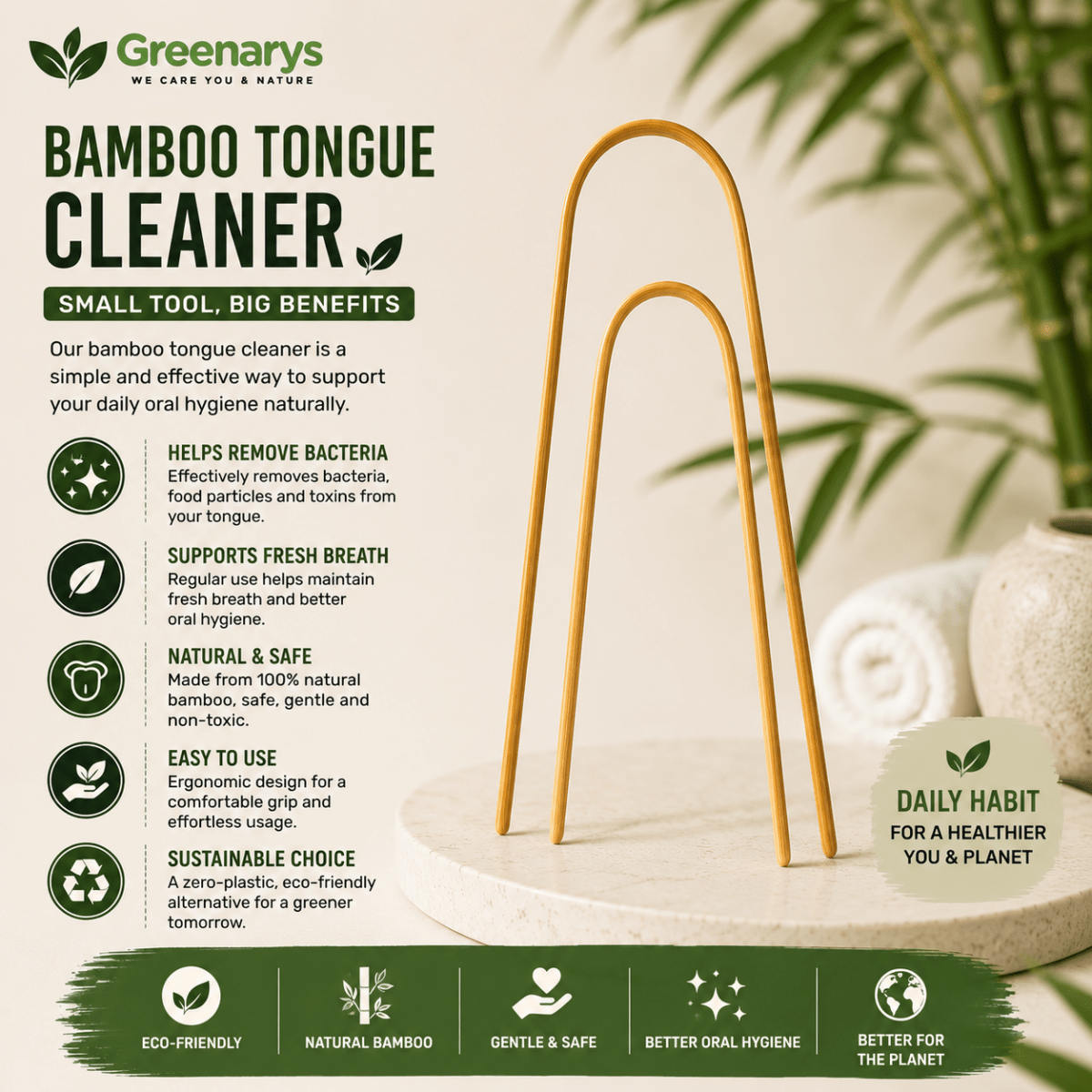 Greenarys Bamboo Fiber Color Bristle Toothbrush & Bamboo Tongue Cleaner Combo | Eco-Friendly Oral Care Kit | Sustainable & Plastic-Free Alternative - Greenarys