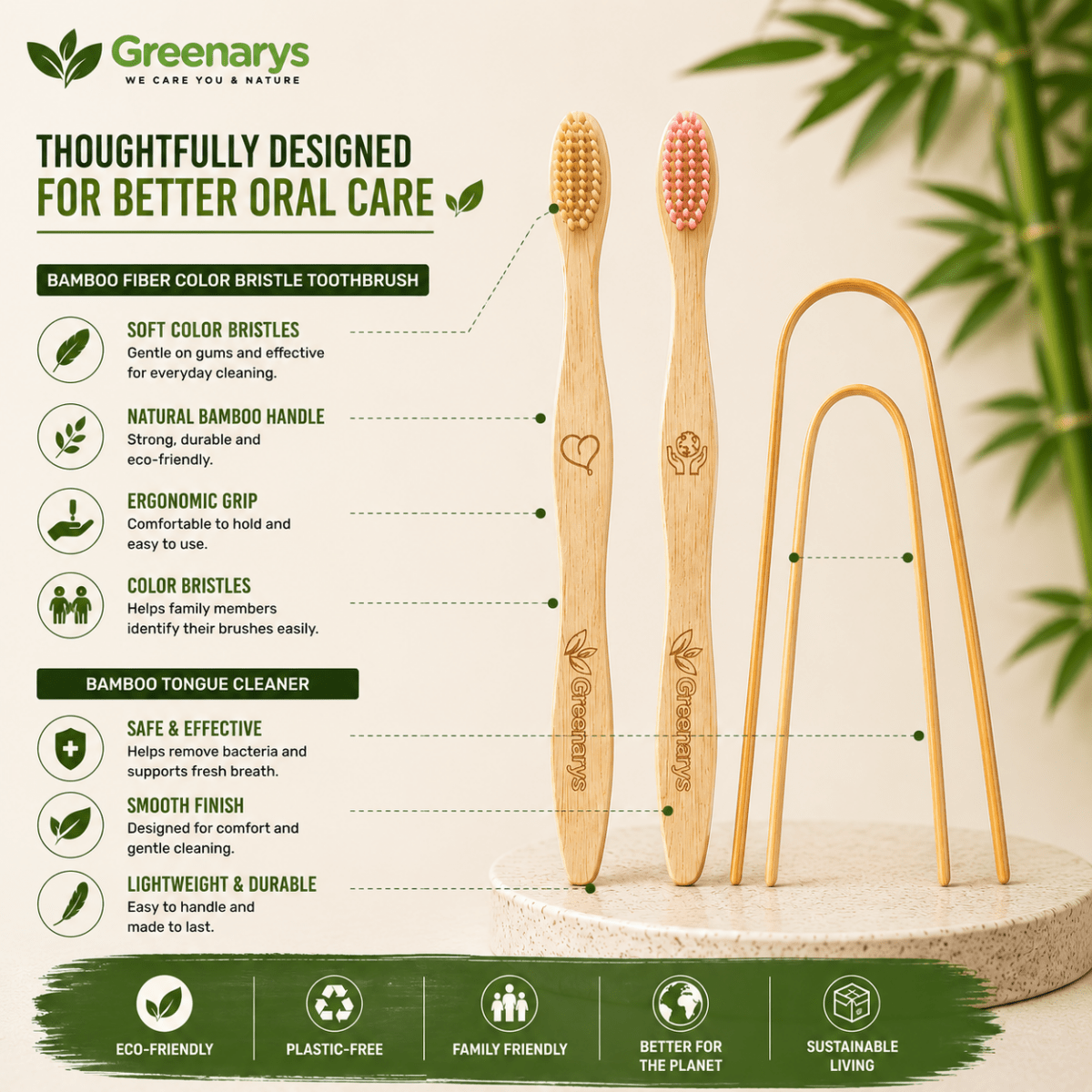 Greenarys Bamboo Fiber Color Bristle Toothbrush & Bamboo Tongue Cleaner Combo | Eco-Friendly Oral Care Kit | Sustainable & Plastic-Free Alternative - Greenarys