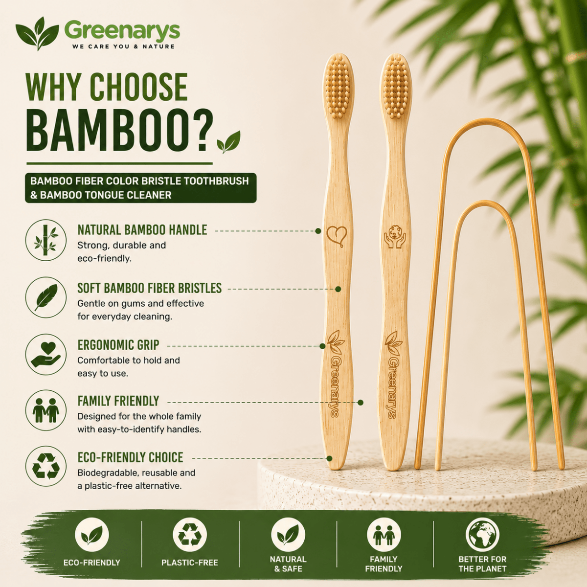 Greenarys Bamboo Fiber Color Bristle Toothbrush & Bamboo Tongue Cleaner Combo | Eco-Friendly Oral Care Kit | Sustainable & Plastic-Free Alternative - Greenarys
