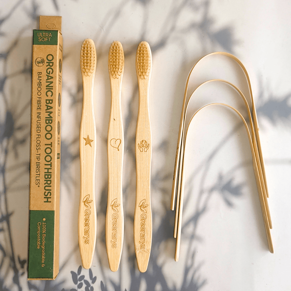Greenarys Bamboo Fiber Color Bristle Toothbrush & Bamboo Tongue Cleaner Combo | Eco-Friendly Oral Care Kit | Sustainable & Plastic-Free Alternative - Greenarys