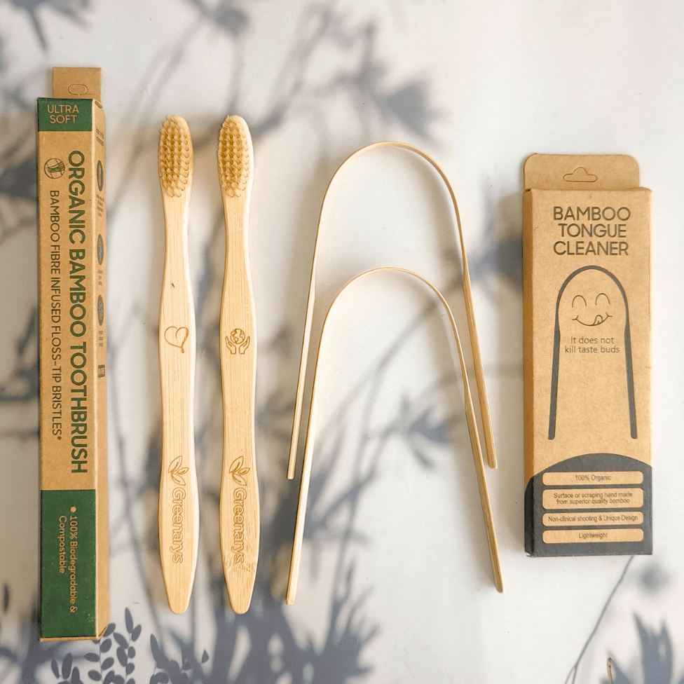 Greenarys Bamboo Fiber Color Bristle Toothbrush & Bamboo Tongue Cleaner Combo | Eco-Friendly Oral Care Kit | Sustainable & Plastic-Free Alternative - Greenarys