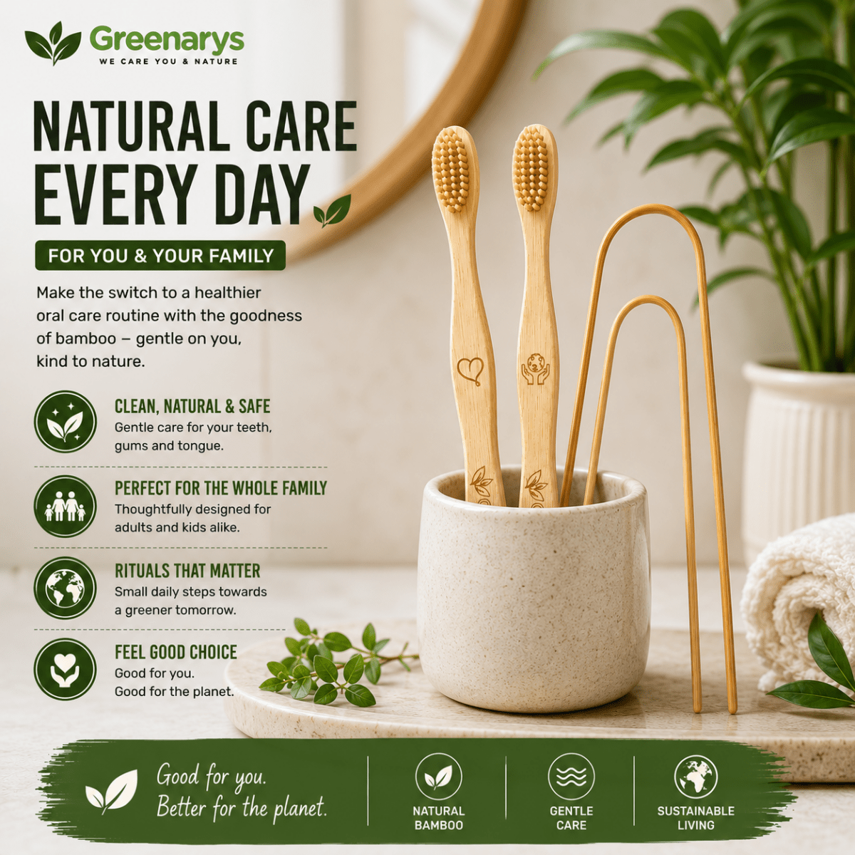 Greenarys Bamboo Fiber Color Bristle Toothbrush & Bamboo Tongue Cleaner Combo | Eco-Friendly Oral Care Kit | Sustainable & Plastic-Free Alternative - Greenarys