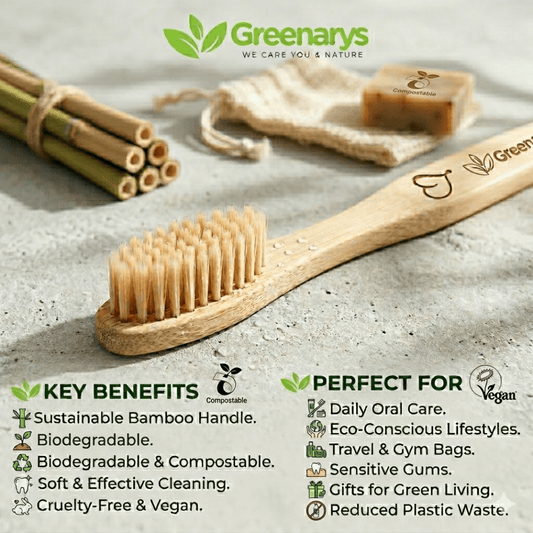 Greenarys Bamboo Fiber Color Bristle Toothbrush & Bamboo Tongue Cleaner Combo | Eco-Friendly Oral Care Kit | Sustainable & Plastic-Free Alternative - Greenarys
