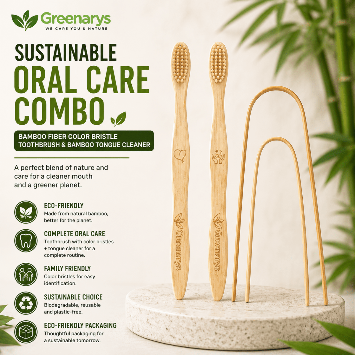 Greenarys Bamboo Fiber Color Bristle Toothbrush & Bamboo Tongue Cleaner Combo | Eco-Friendly Oral Care Kit | Sustainable & Plastic-Free Alternative - Greenarys