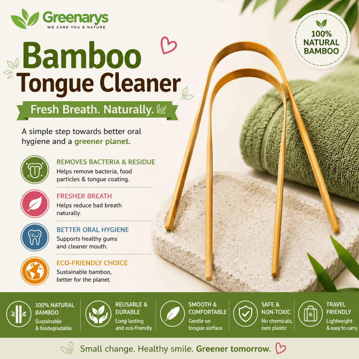 Greenarys Bamboo Tongue Cleaner | Eco-Friendly Tongue Scraper for Adults | Natural Bamboo Handle | Sustainable Oral Care - Greenarys