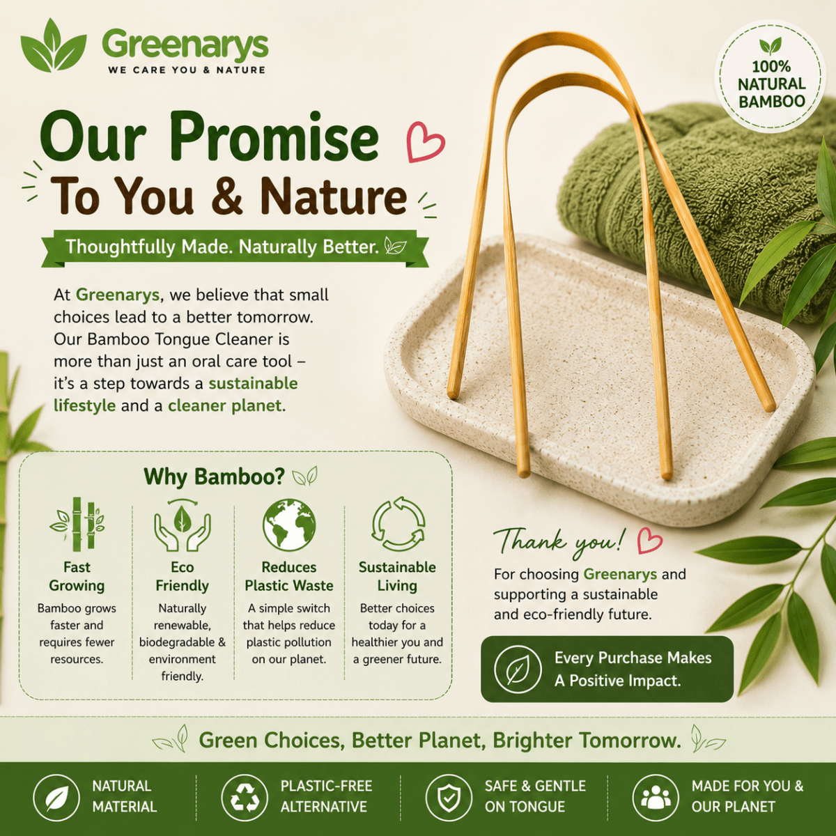 Greenarys Bamboo Tongue Cleaner | Eco-Friendly Tongue Scraper for Adults | Natural Bamboo Handle | Sustainable Oral Care - Greenarys