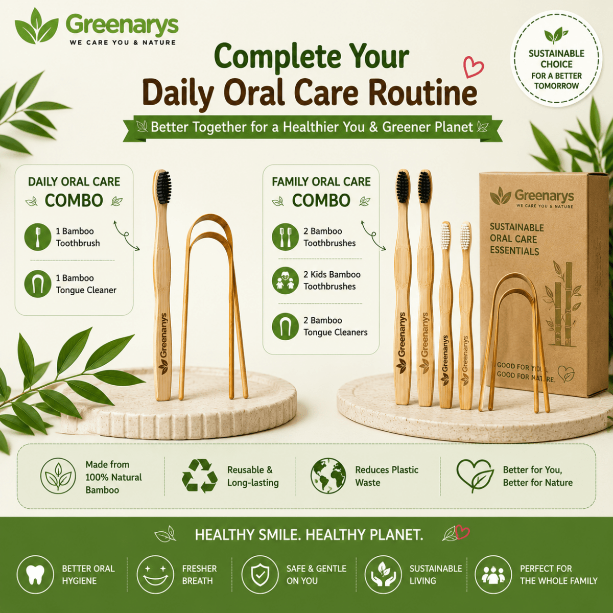 Greenarys Bamboo Tongue Cleaner | Eco-Friendly Tongue Scraper for Adults | Natural Bamboo Handle | Sustainable Oral Care - Greenarys