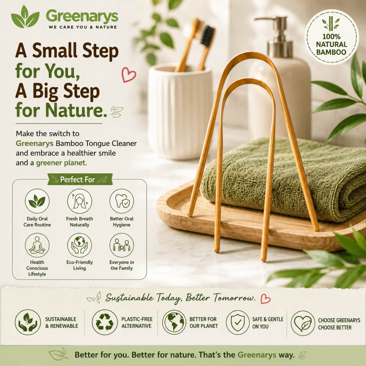 Greenarys Bamboo Tongue Cleaner | Eco-Friendly Tongue Scraper for Adults | Natural Bamboo Handle | Sustainable Oral Care - Greenarys