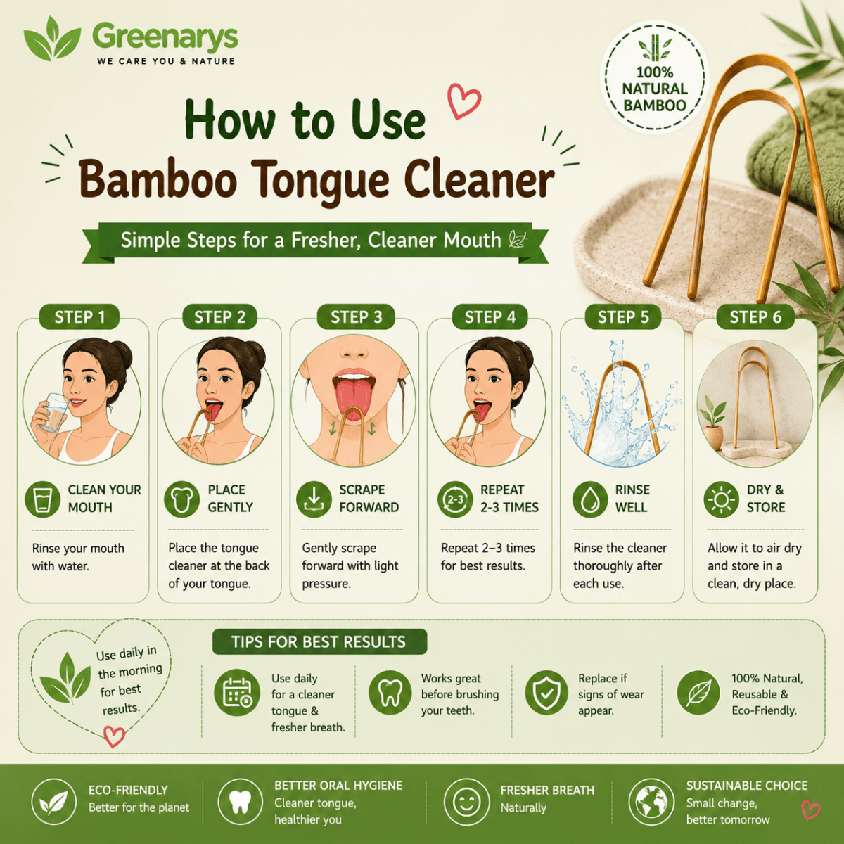 Greenarys Bamboo Tongue Cleaner | Eco-Friendly Tongue Scraper for Adults | Natural Bamboo Handle | Sustainable Oral Care - Greenarys