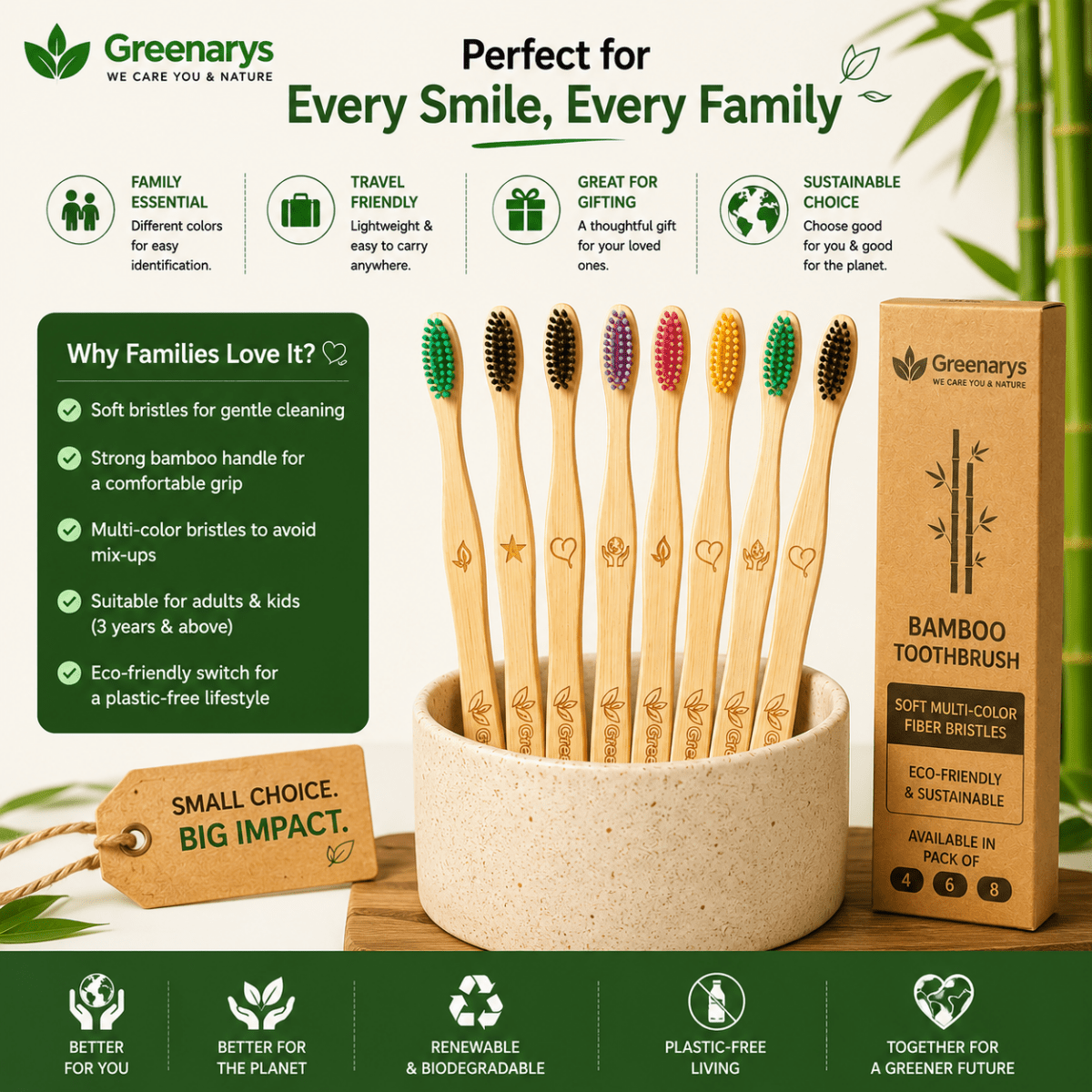 Greenarys Bamboo Toothbrush | Soft Multi-Color Fiber Bristles | Eco-Friendly & BPA-Free | Sustainable Oral Care - Greenarys