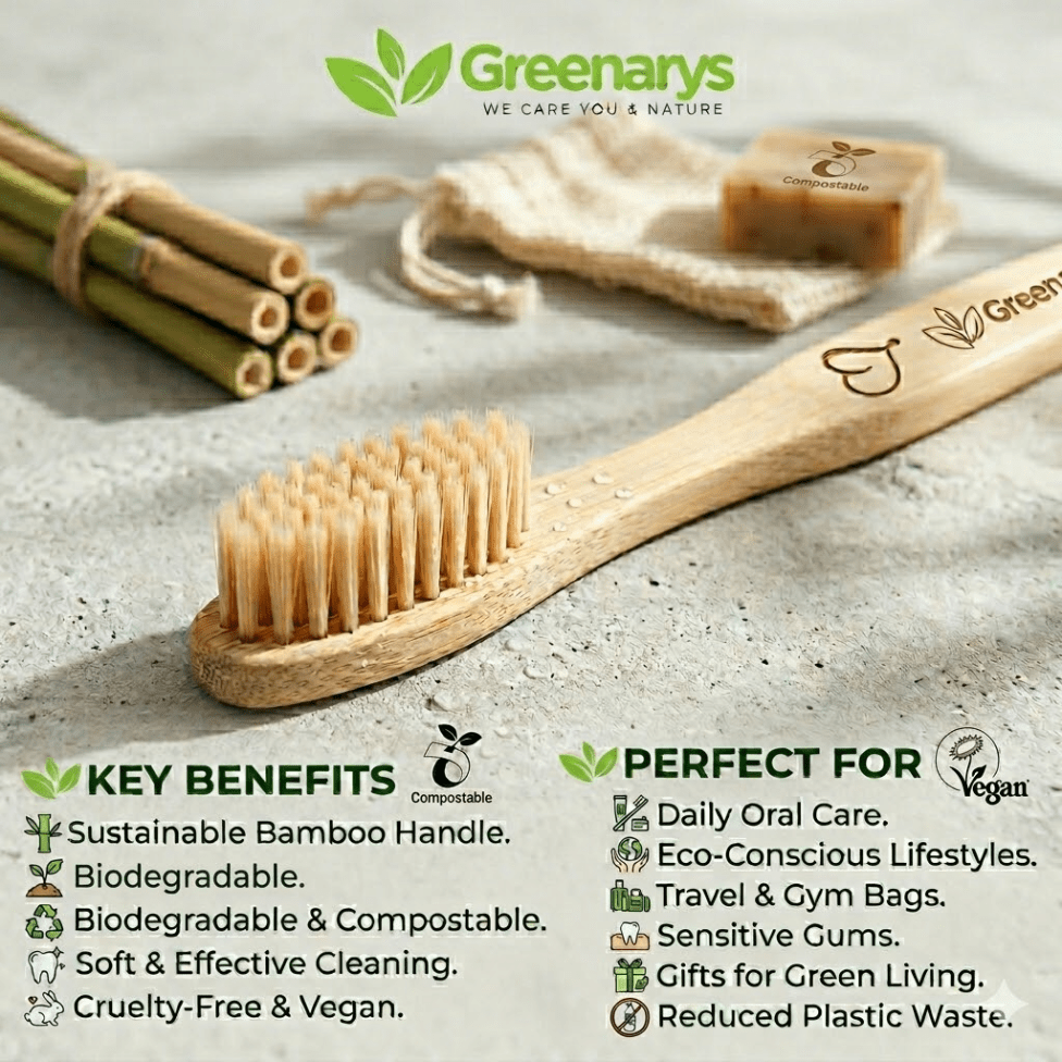 Greenarys Bamboo Toothbrush | Soft Multi-Color Fiber Bristles | Eco-Friendly & BPA-Free | Sustainable Oral Care - Greenarys