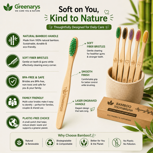 Greenarys Bamboo Toothbrush | Soft Multi-Color Fiber Bristles | Eco-Friendly & BPA-Free | Sustainable Oral Care - Greenarys