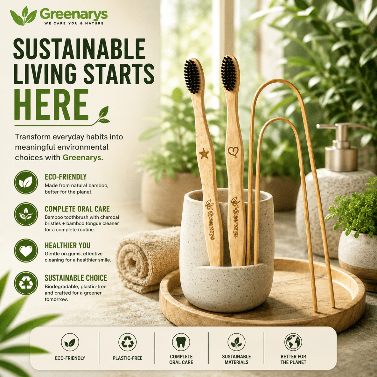 Greenarys Bamboo Toothbrush with Charcoal Bristles & Bamboo Tongue Cleaner Combo | Eco-Friendly Oral Care Kit - Greenarys