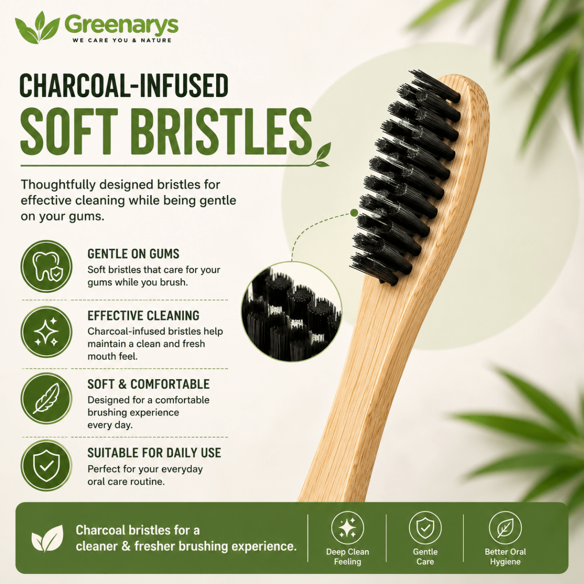 Greenarys Bamboo Toothbrush with Charcoal Bristles & Bamboo Tongue Cleaner Combo | Eco-Friendly Oral Care Kit - Greenarys