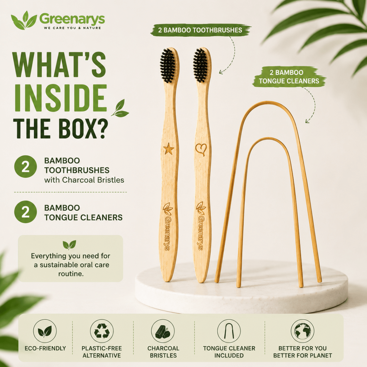Greenarys Bamboo Toothbrush with Charcoal Bristles & Bamboo Tongue Cleaner Combo | Eco-Friendly Oral Care Kit - Greenarys