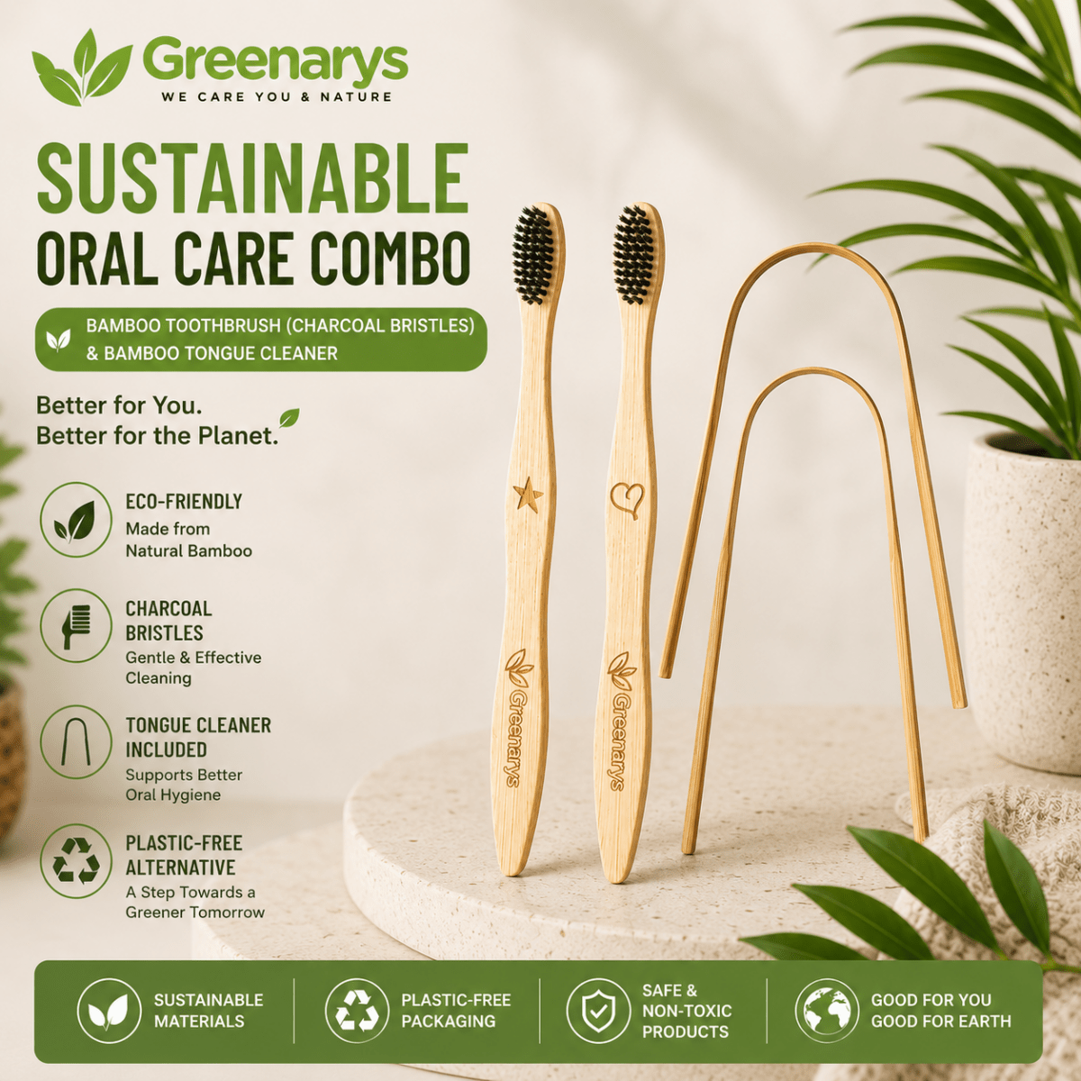 Greenarys Bamboo Toothbrush with Charcoal Bristles & Bamboo Tongue Cleaner Combo | Eco-Friendly Oral Care Kit - Greenarys