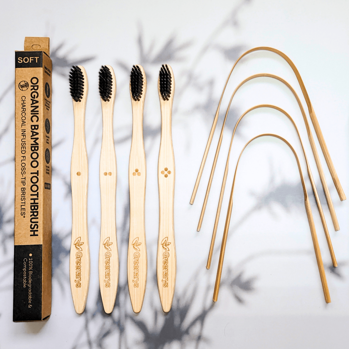 Greenarys Bamboo Toothbrush with Charcoal Bristles & Bamboo Tongue Cleaner Combo | Eco-Friendly Oral Care Kit - Greenarys